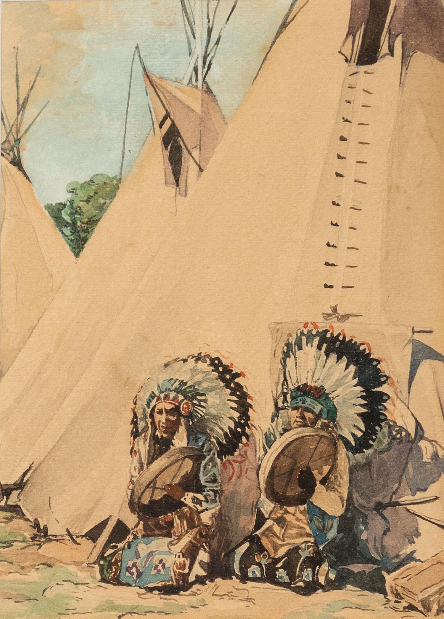 Watercolor Triptych of Plains Indians, signed Menete