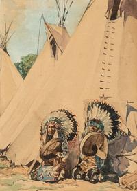 Watercolor Triptych of Plains Indians, signed Menete