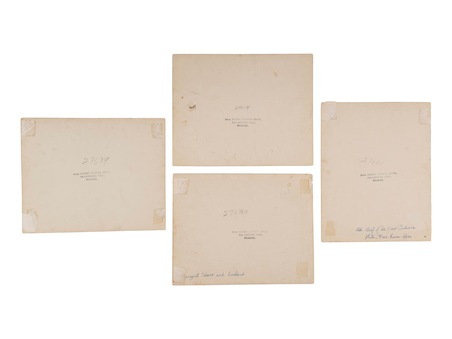 [NATIVE AMERICANS]. HAYNES, Jack (1884-1962), photographer. A group of 5 photographs of Crow Indians incl. Little Bighorn scout, White-Man-Runs-Him, collected by H.F. McLaury, Chicago Burlington & Quincy Railway advertising agent. Yellowstone Park, Wyoming, [1927].