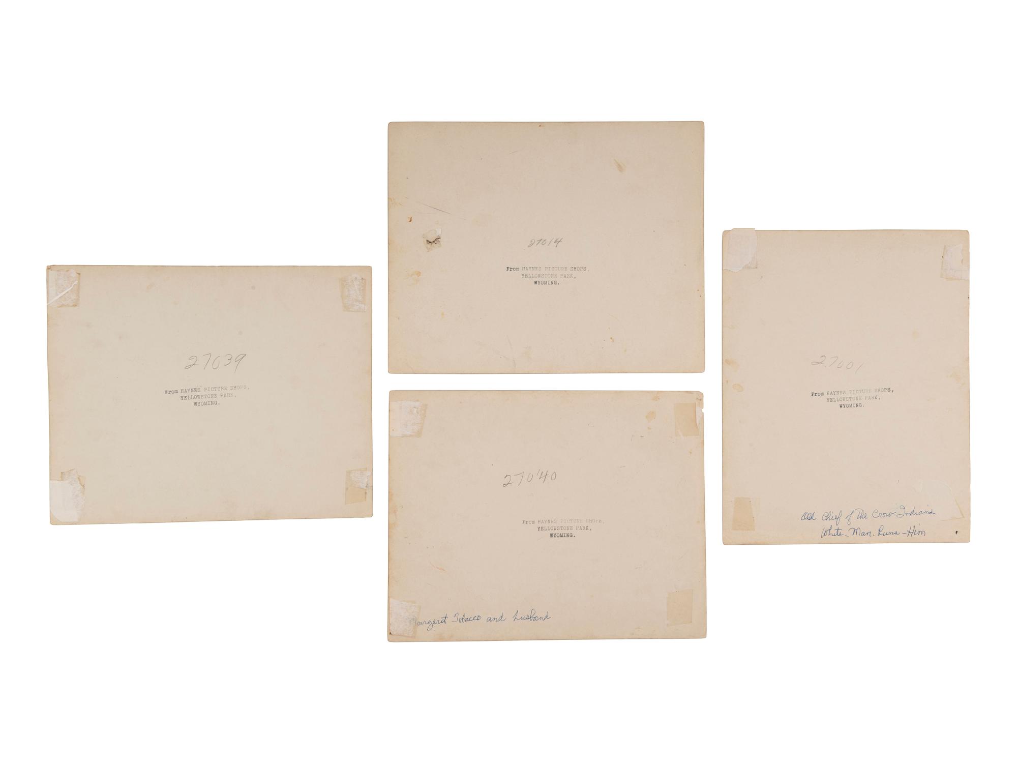 [NATIVE AMERICANS]. HAYNES, Jack (1884-1962), photographer. A group of 5 photographs of Crow Indians incl. Little Bighorn scout, White-Man-Runs-Him, collected by H.F. McLaury, Chicago Burlington & Quincy Railway advertising agent. Yellowstone Park, Wyoming, [1927].