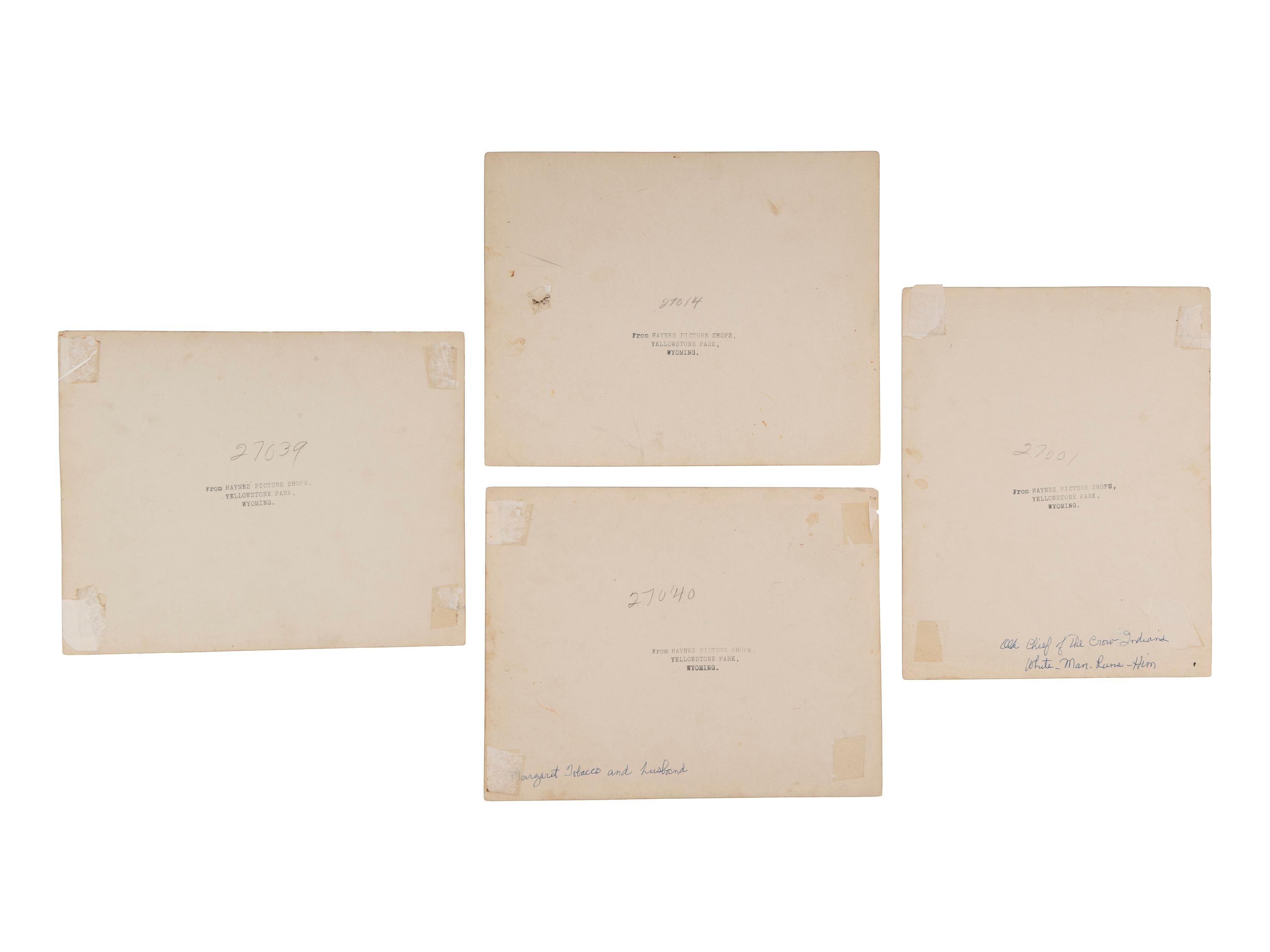 [NATIVE AMERICANS]. HAYNES, Jack (1884-1962), photographer. A group of 5 photographs of Crow Indians incl. Little Bighorn scout, White-Man-Runs-Him, collected by H.F. McLaury, Chicago Burlington & Quincy Railway advertising agent. Yellowstone Park, Wyoming, [1927].