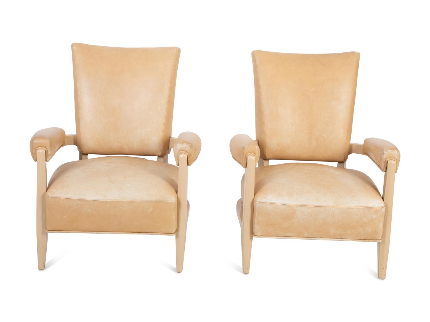 A Pair of Leather and White Lacquer Armchairs — 20TH CENTURY