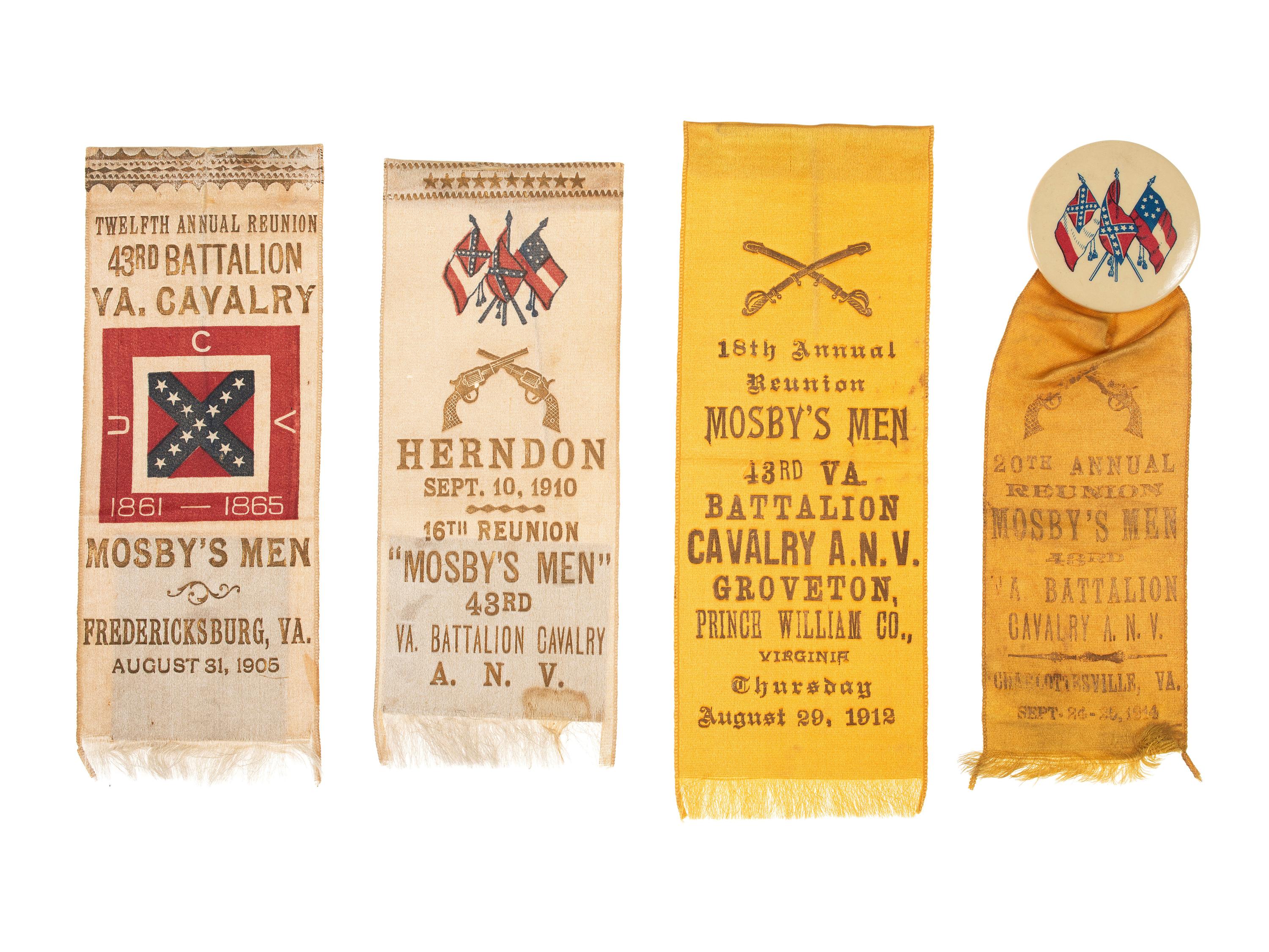 [MOSBY, JOHN S. (1833-1916)]. A group of 4 reunion ribbons for "Mosby's Men," with reunion notice.