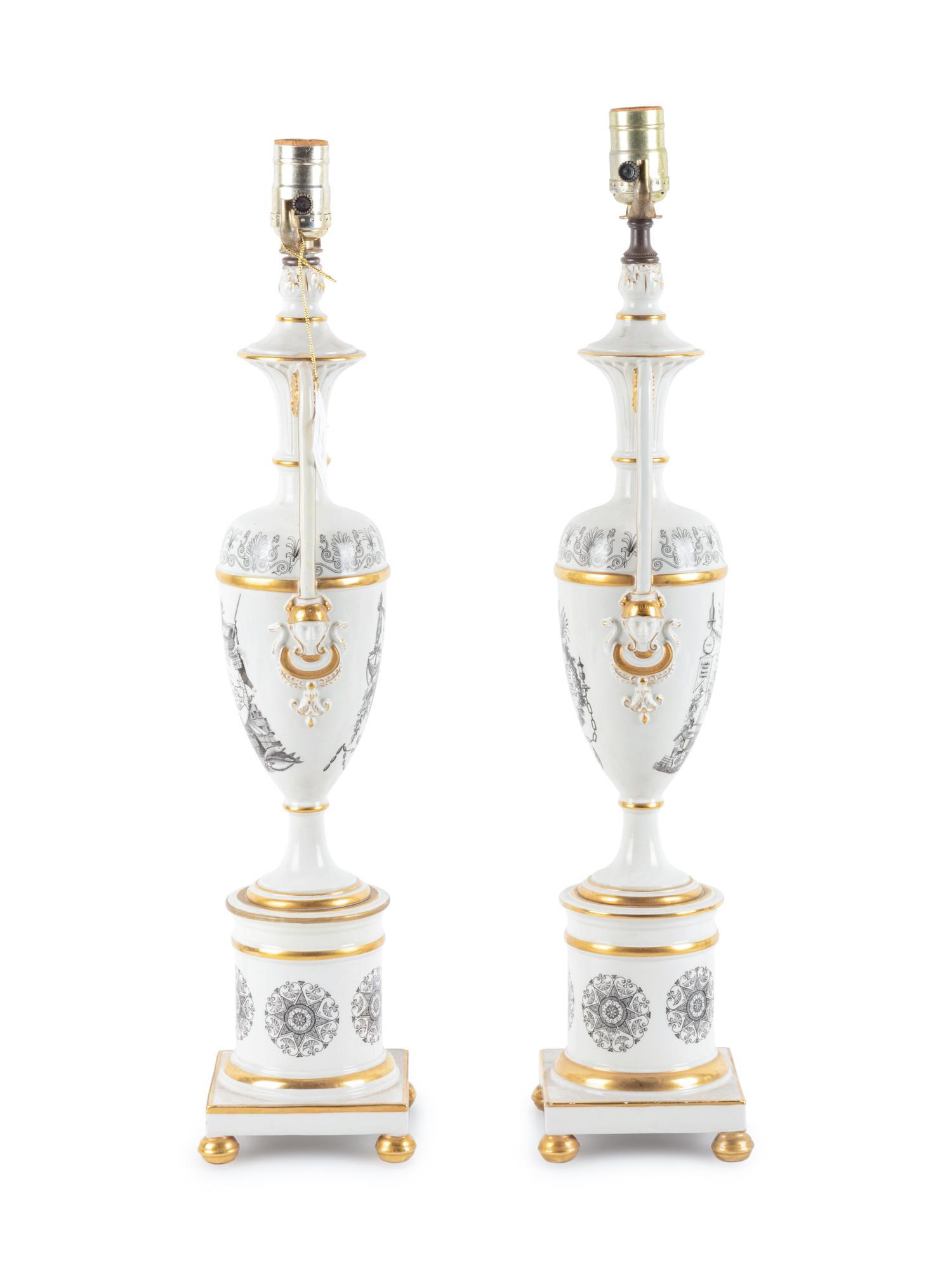 A Pair of Transfer Decorated Porcelain Lamps