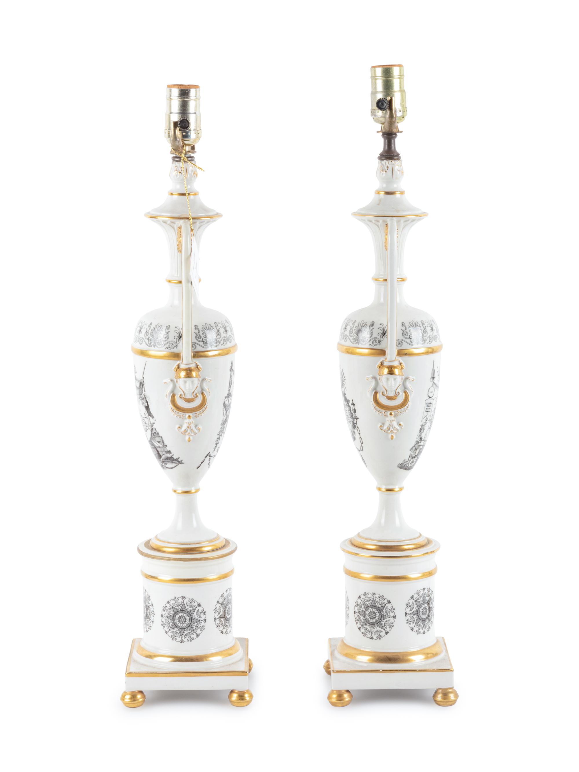 A Pair of Transfer Decorated Porcelain Lamps