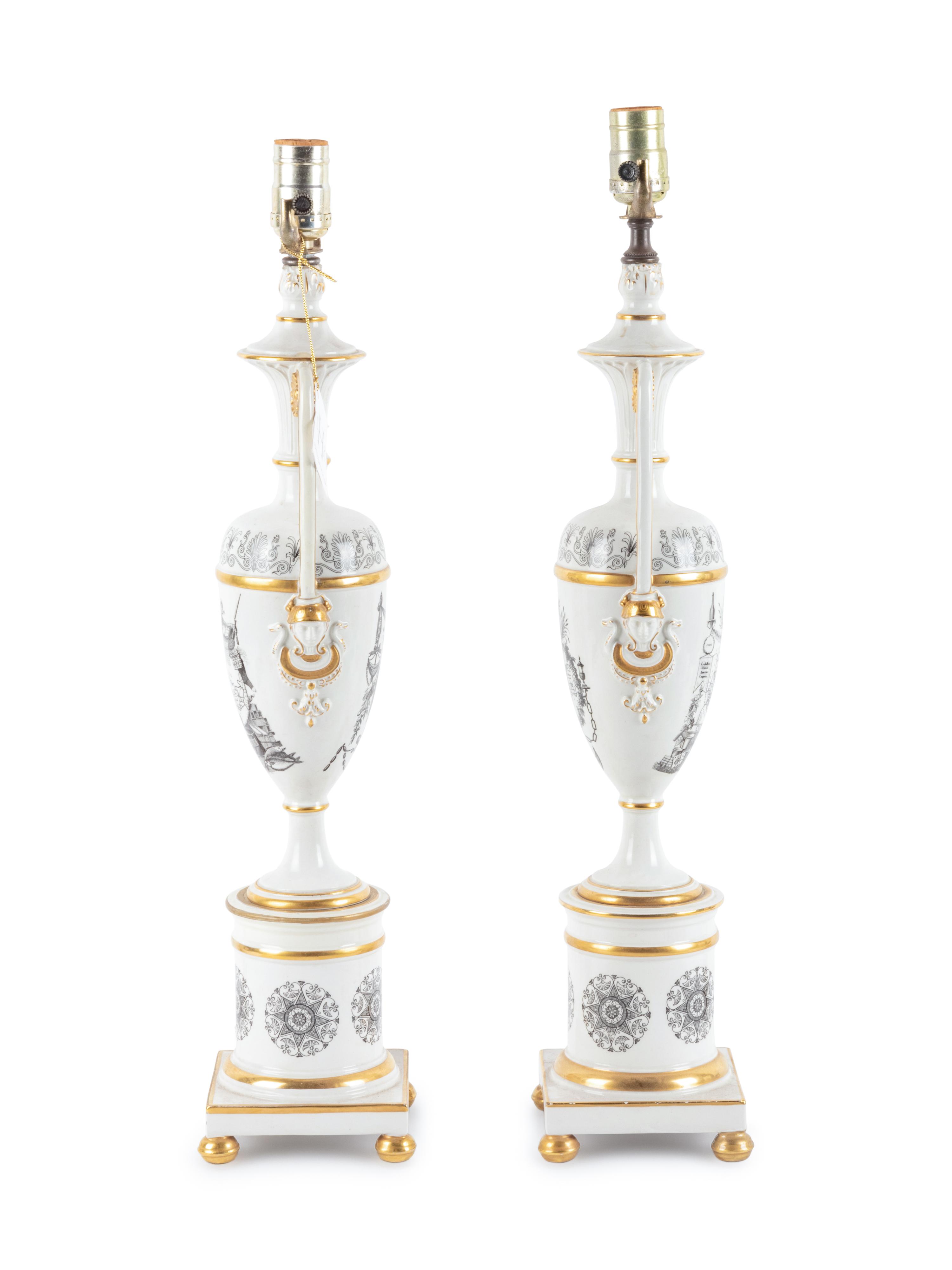 A Pair of Transfer Decorated Porcelain Lamps