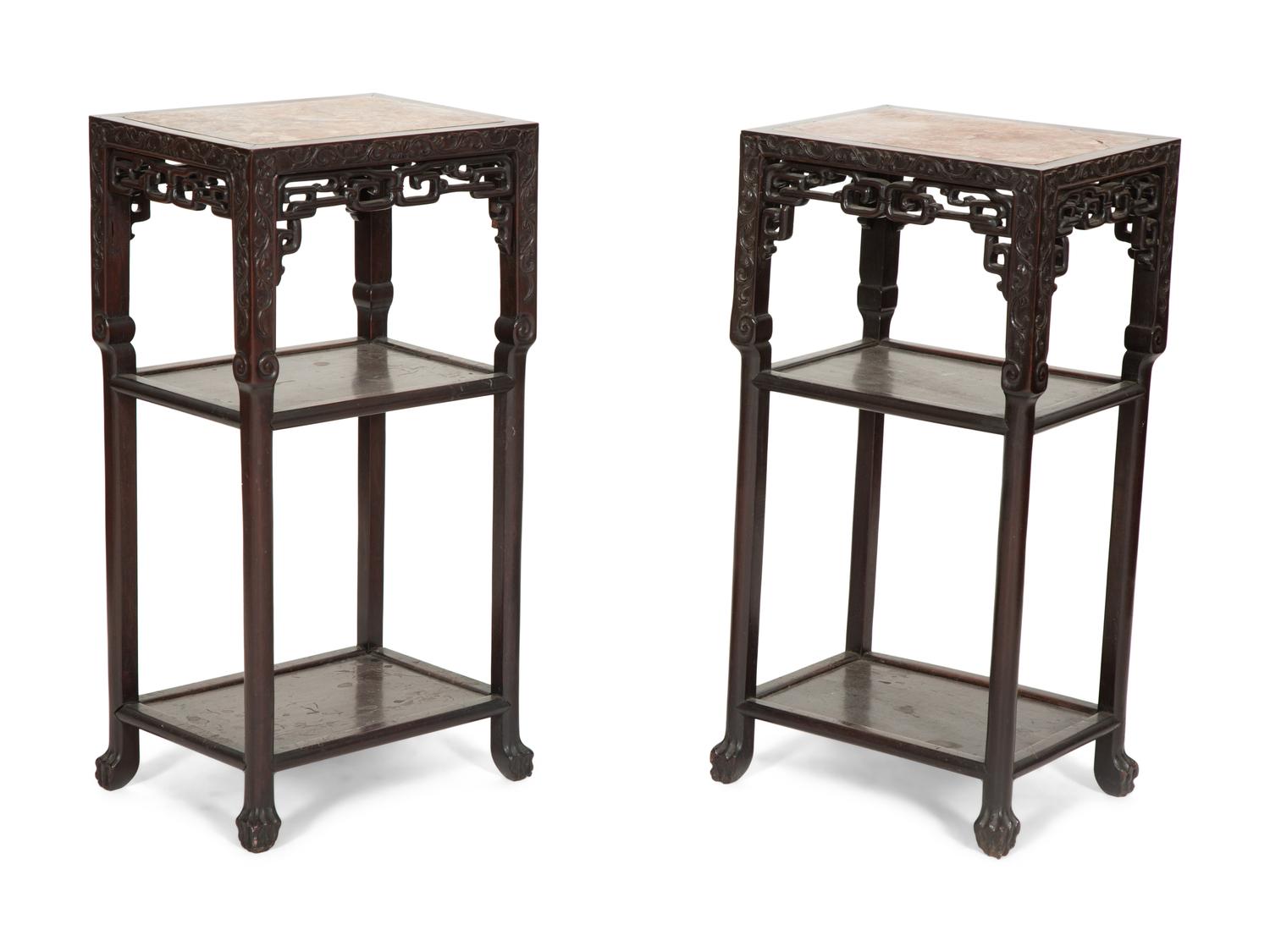 A Pair of Chinese Hardwood Jardinière Stands with Inset Marble Tops