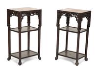 A Pair of Chinese Hardwood Jardinière Stands with Inset Marble Tops