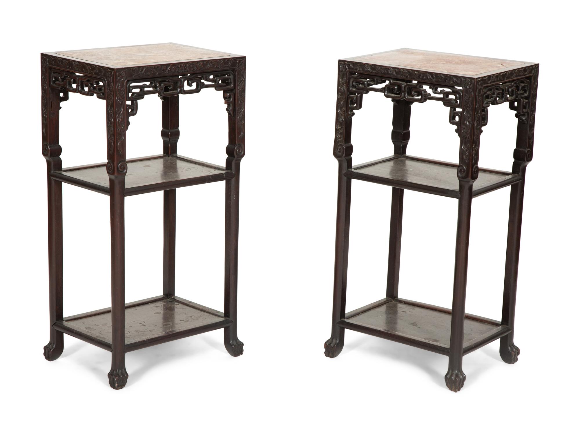 A Pair of Chinese Hardwood Jardinière Stands with Inset Marble Tops