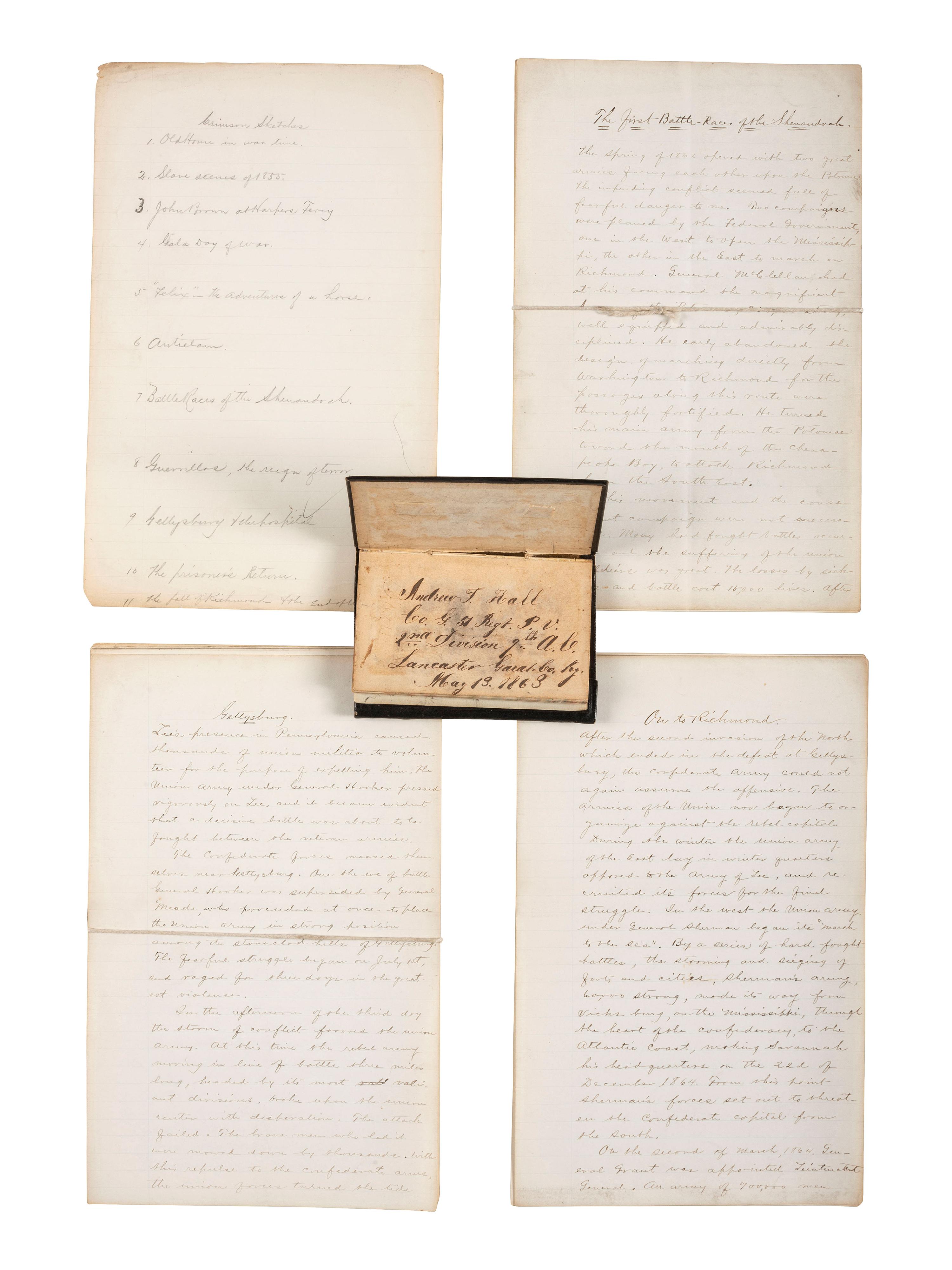 [CIVIL WAR]. Civil War diary, post-war journal identified to Andrew T. Hall, Co. G, 51st Pennsylvania. [ With :] Family CDVs and photographs.