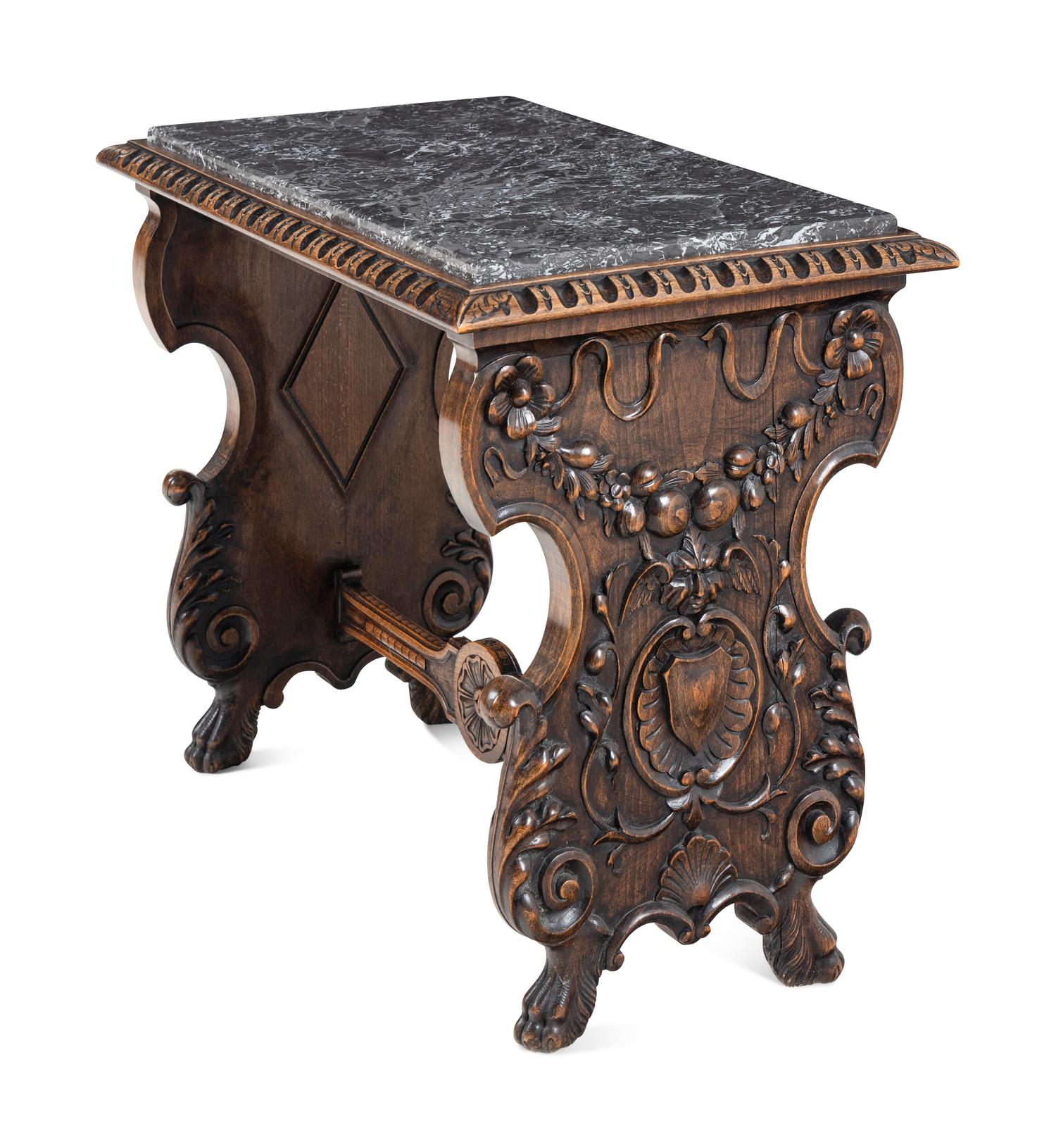A Renaissance Revival Walnut Marble-Inset Side Table