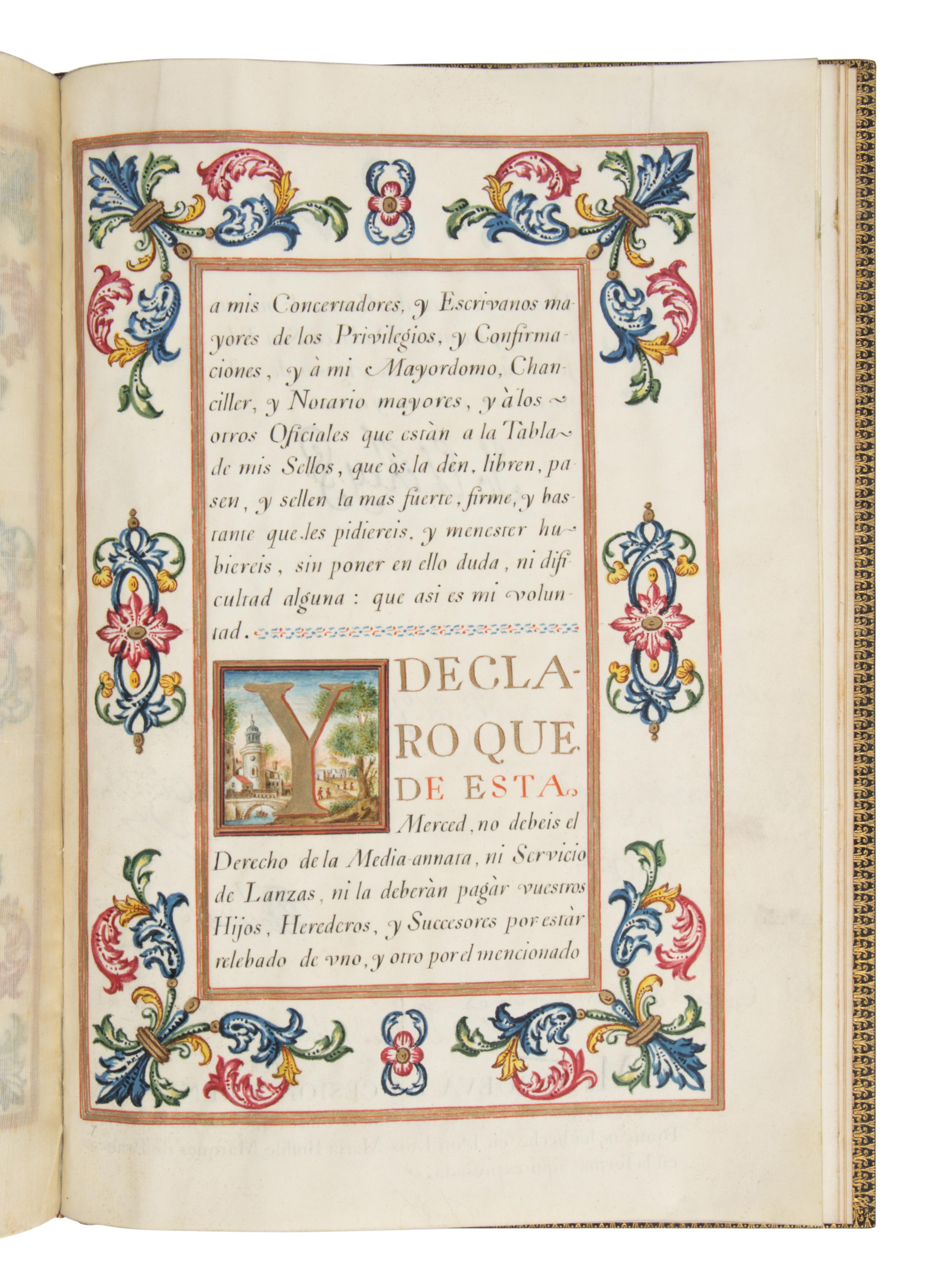 SPANISH ROYAL CHANCERY Carta ejecutoria de hidalguía (for Don Luis María Buffile de Brancàs), in Spanish, illuminated manuscript on parchment [Spain, Madrid (issued at San Ildefonso), 1785]