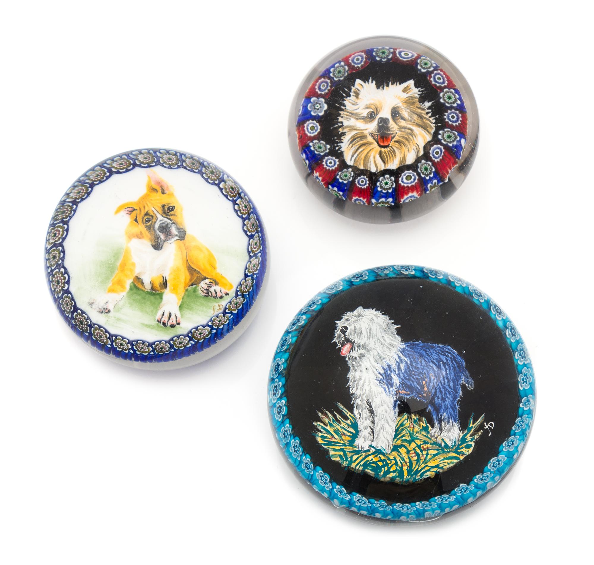 Three Murano Garlanded Dog Paperweights Diameter of largest 3 3/4 inches