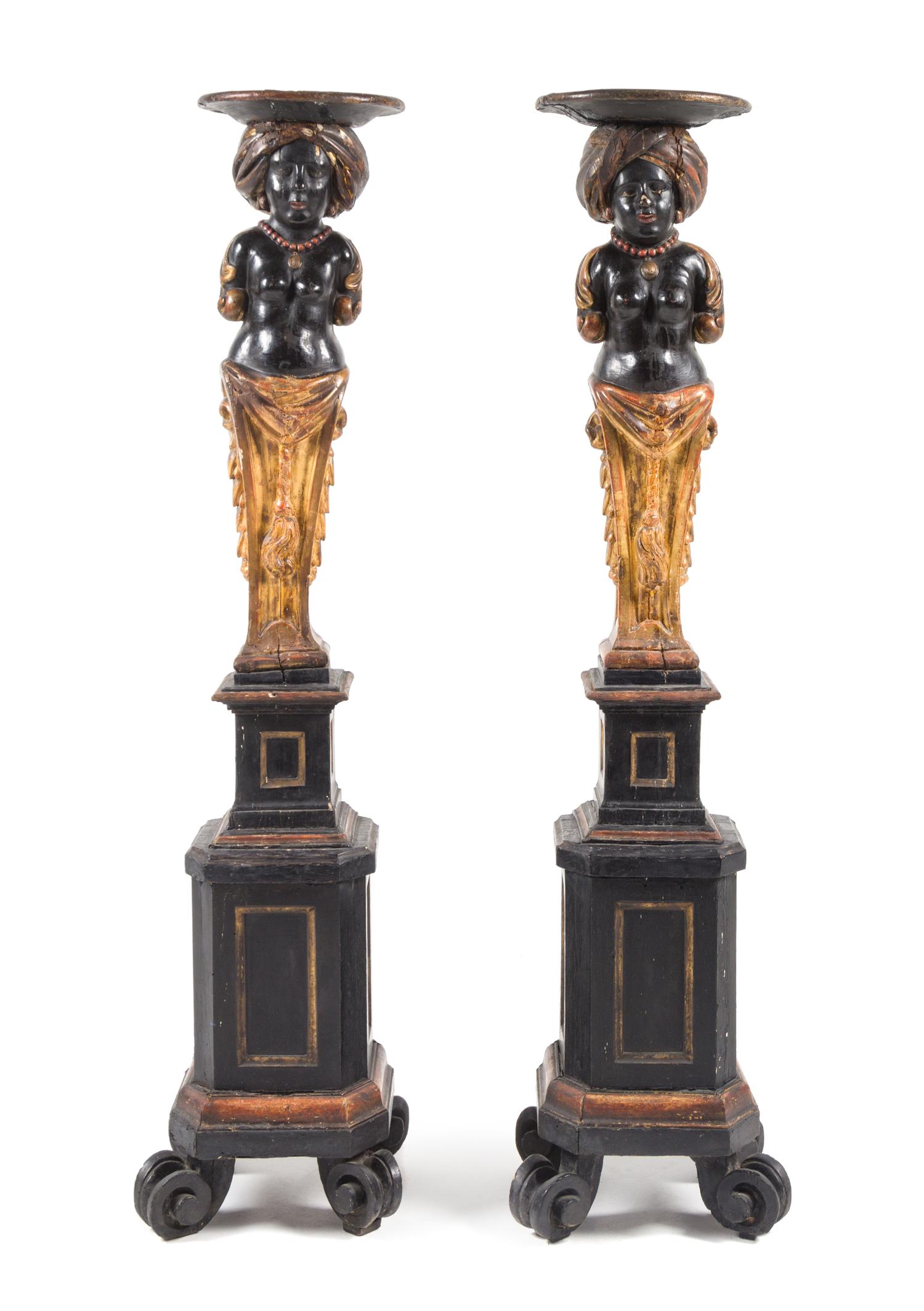 A Pair of Venetian Painted and Gilt Figural Pedestals Height 53 1/2 inches. — LATE 19TH CENTURY