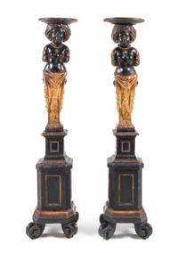 A Pair of Venetian Painted and Gilt Figural Pedestals Height 53 1/2 inches. — LATE 19TH CENTURY