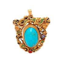 ANTIQUE, YELLOW GOLD, TURQUOISE, AND ENAMEL PENDANT/BROOCH