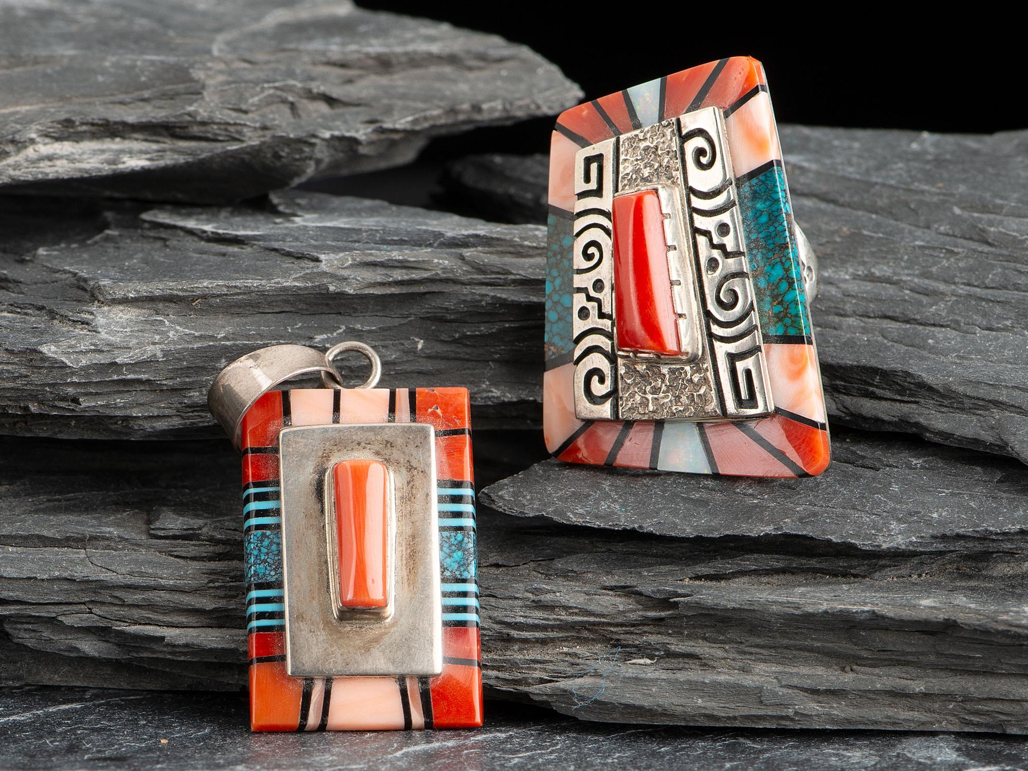 Matching Sterling Silver and Mosaic Inlay Ring and Pendant