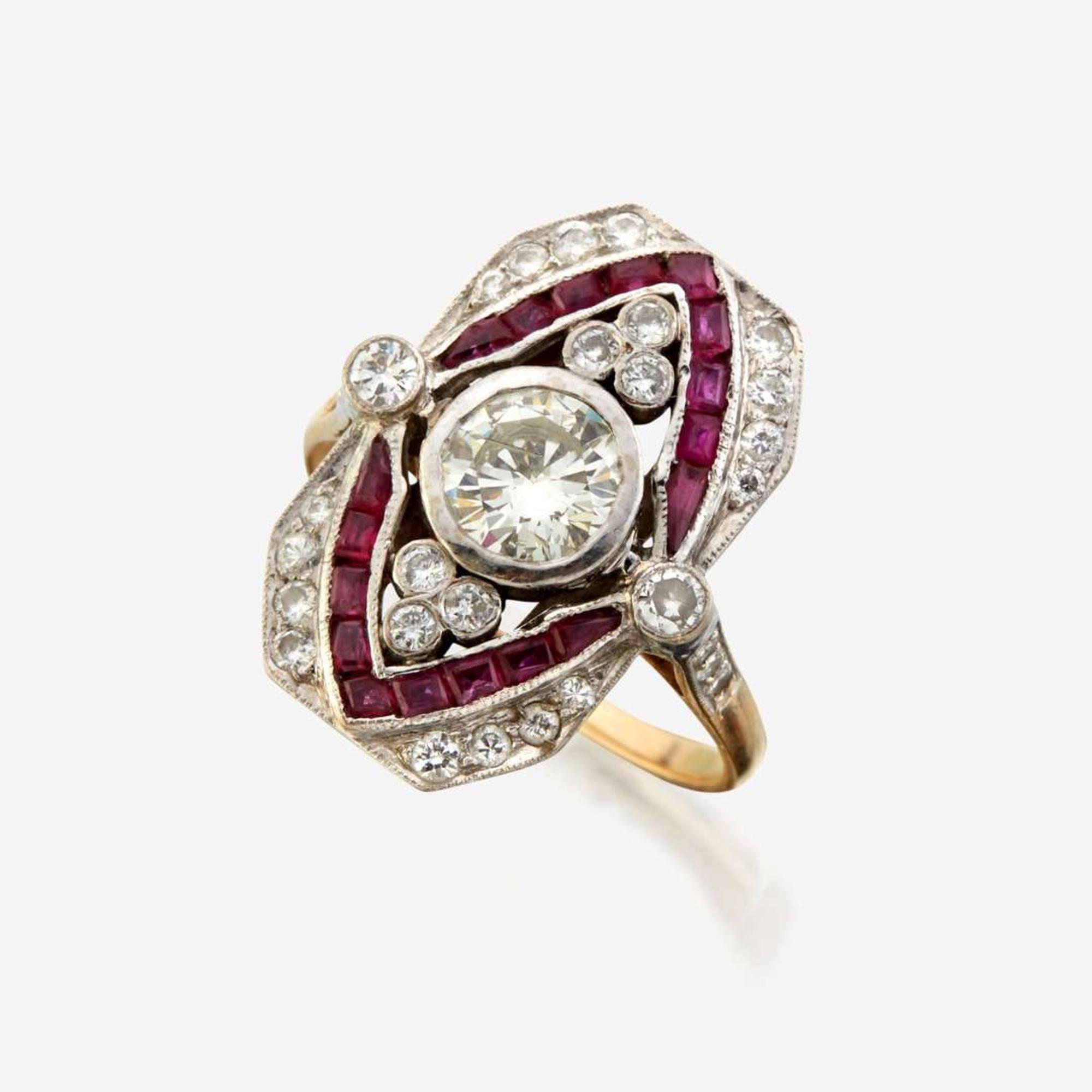 A diamond, ruby, and gold ring