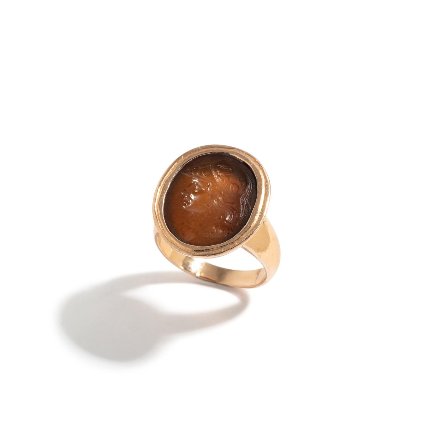 A Neoclassical Gold and Carnelian Finger Ring with the Goddess Athena
