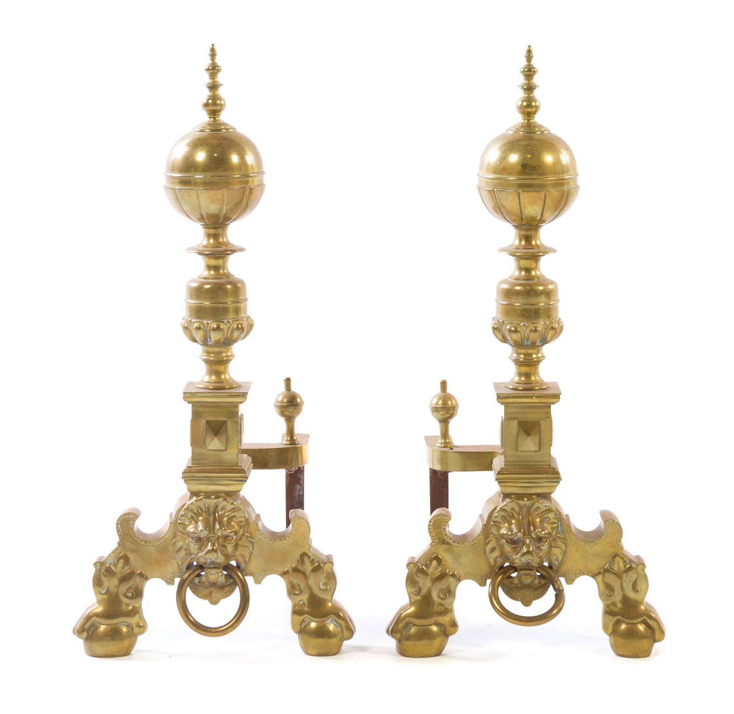 A Pair of Baroque Style Brass Andirons Height 22 1/2 inches. — EARLY 20TH CENTURY
