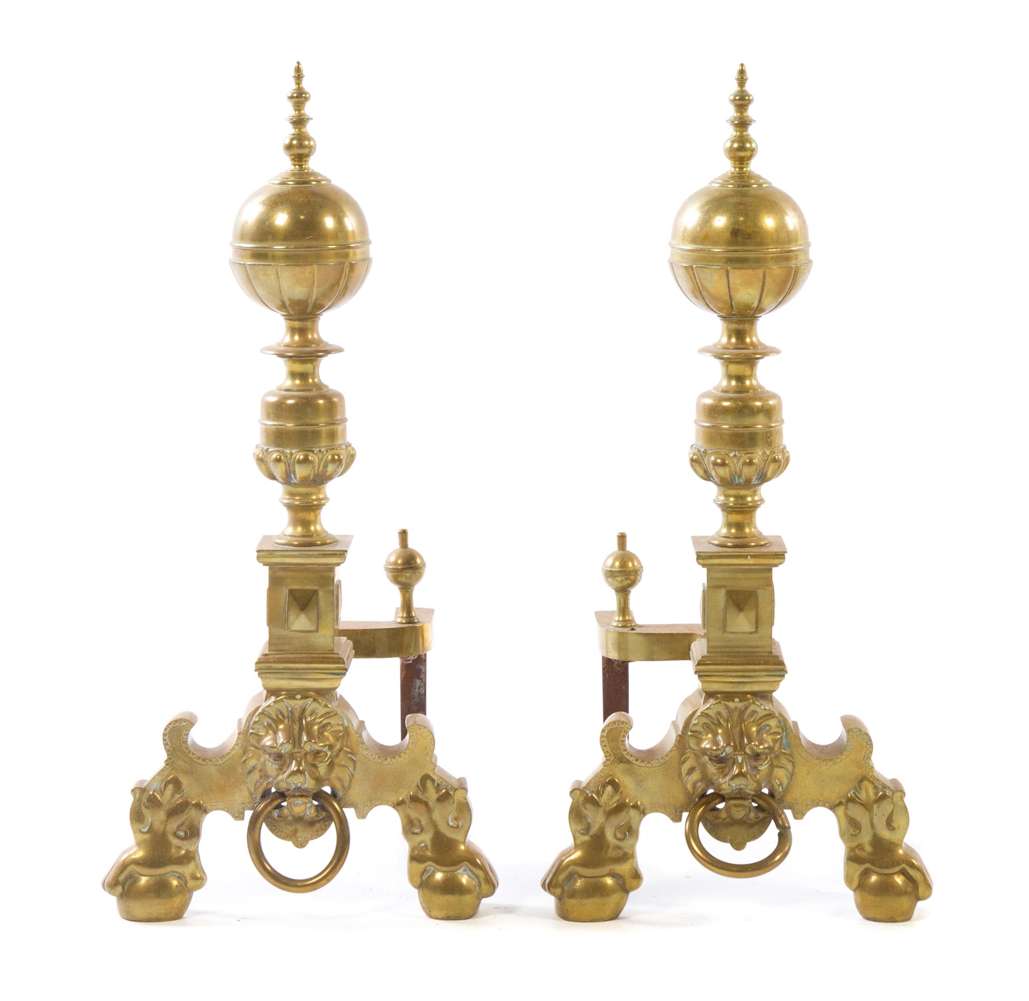 A Pair of Baroque Style Brass Andirons Height 22 1/2 inches. — EARLY 20TH CENTURY