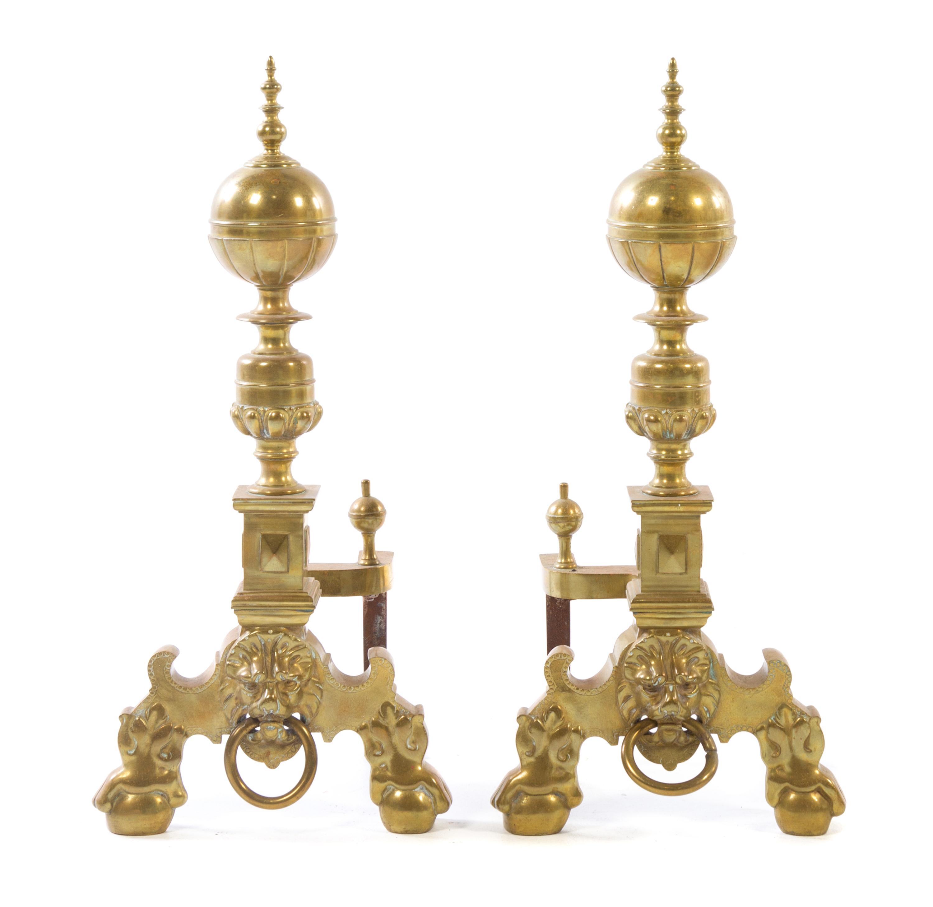 A Pair of Baroque Style Brass Andirons Height 22 1/2 inches. — EARLY 20TH CENTURY