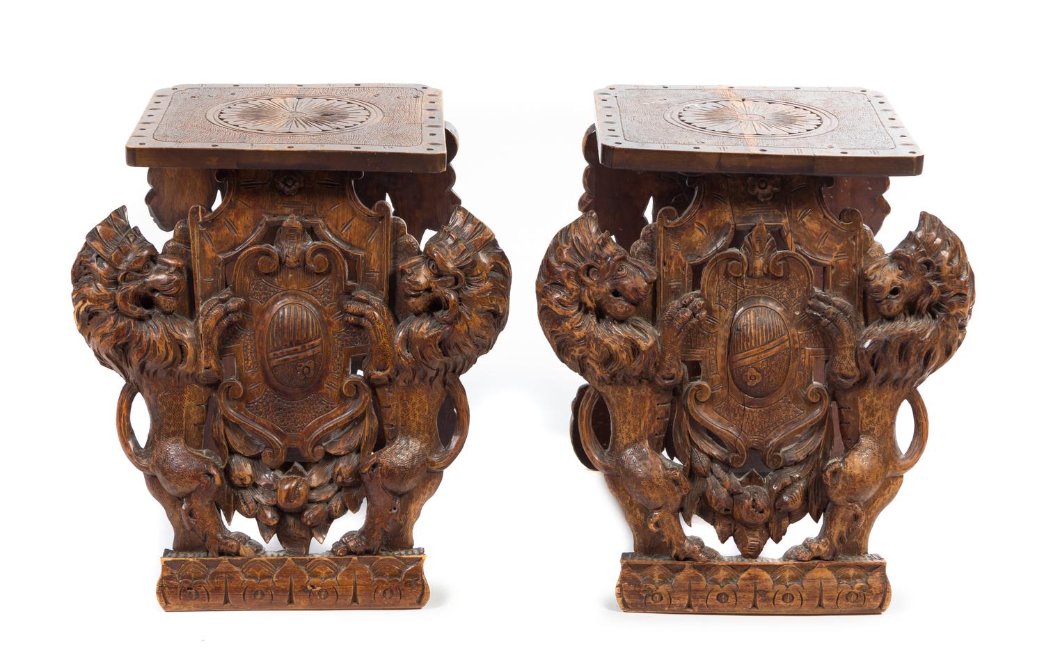 A Pair of Renaissance Revival Hall Stools Height 19 1/4 inches.