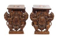 A Pair of Renaissance Revival Hall Stools Height 19 1/4 inches.