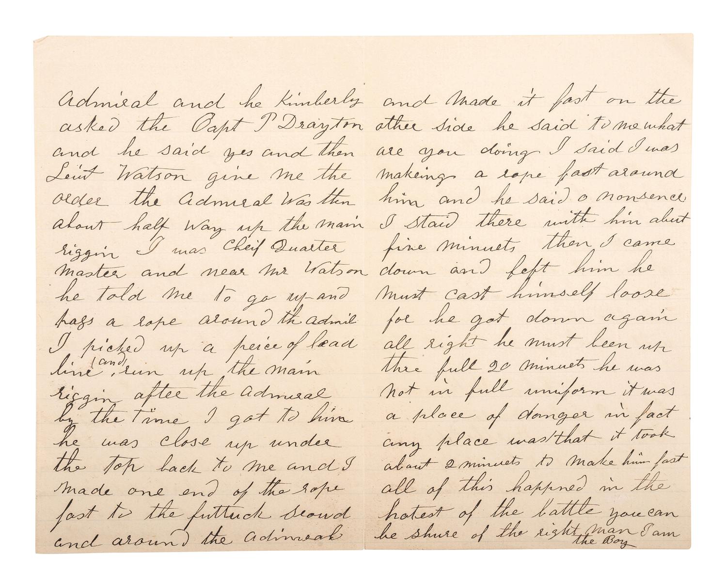 [CIVIL WAR - NAVY]. A group of 9 documents related to Robert Coster and his efforts to confirm the identity of the man who lashed Rear Admiral David G. Farragut to the rigging of the Hartford at the Battle of Mobile Bay.