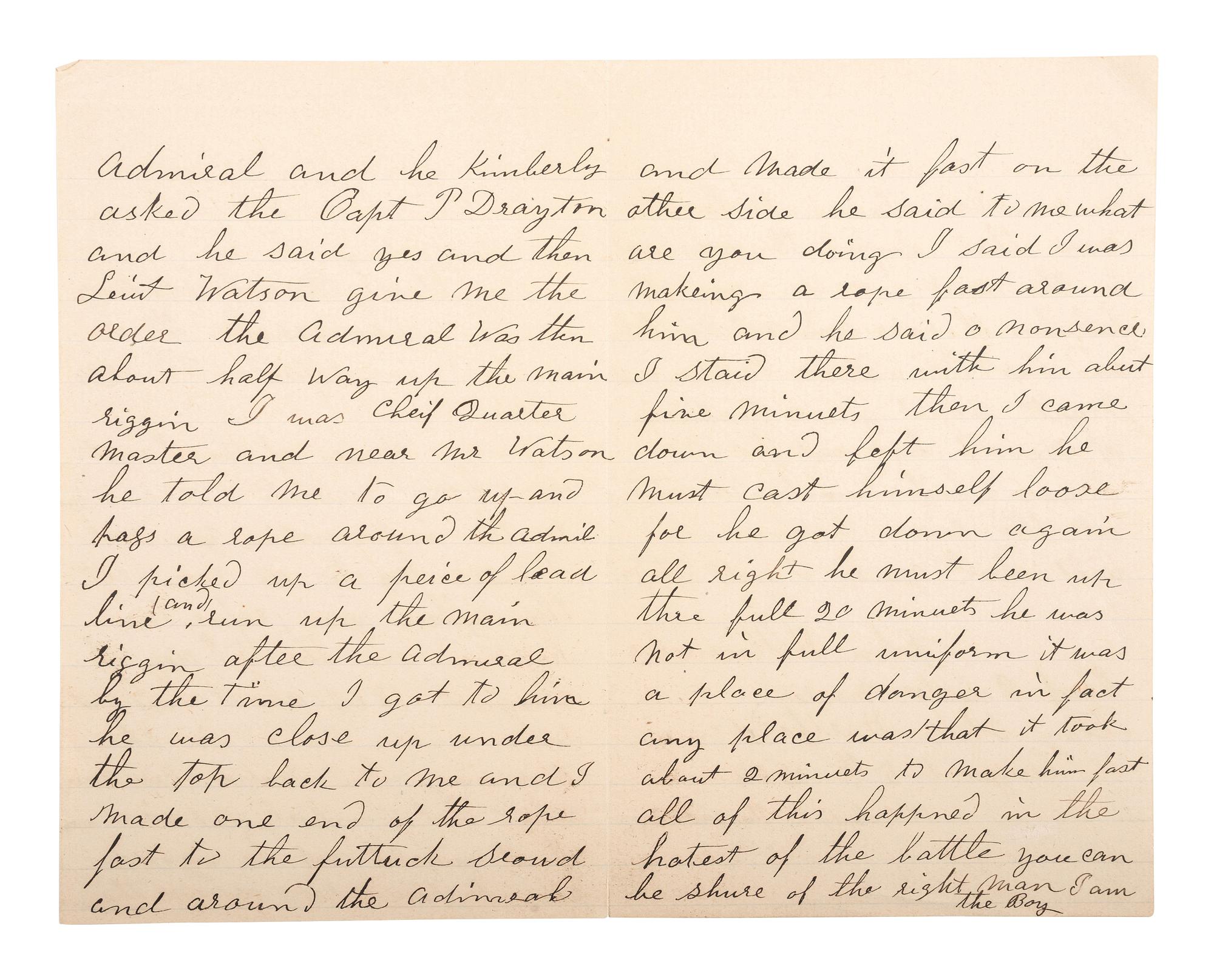 [CIVIL WAR - NAVY]. A group of 9 documents related to Robert Coster and his efforts to confirm the identity of the man who lashed Rear Admiral David G. Farragut to the rigging of the Hartford at the Battle of Mobile Bay.