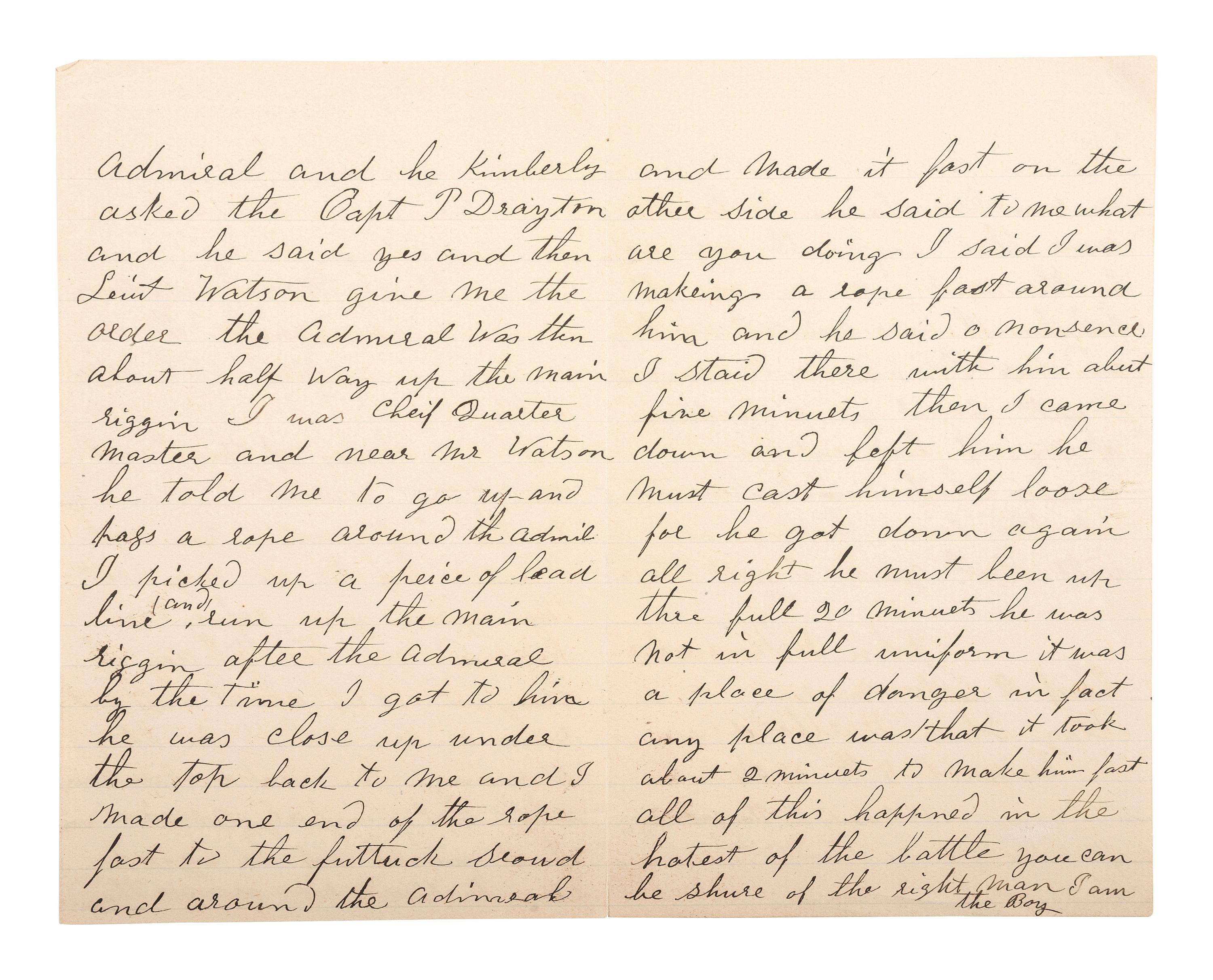 [CIVIL WAR - NAVY]. A group of 9 documents related to Robert Coster and his efforts to confirm the identity of the man who lashed Rear Admiral David G. Farragut to the rigging of the Hartford at the Battle of Mobile Bay.