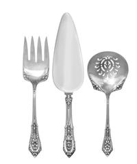 An American Silver Flatware Service , Wallace Sterling, Wallingford, MA , Rose Point pattern, comprising: 12 dinner knives 12 butter sp