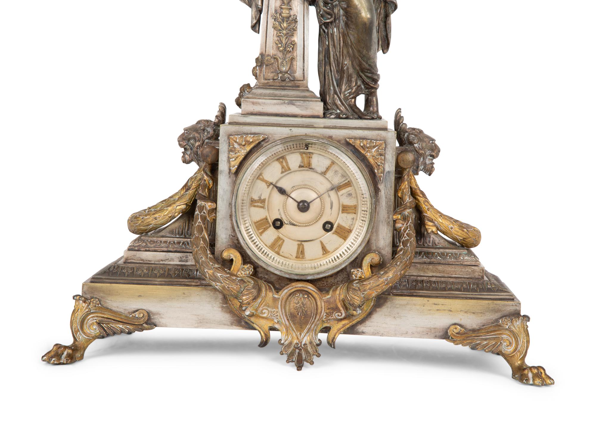 A French Silvered Bronze Figural Clock