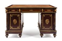 An Empire Style Gilt Metal Mounted Mahogany Pedestal Desk Height 31 1/2 x width 50 x depth 27 1/2 inches. — 20TH CENTURY