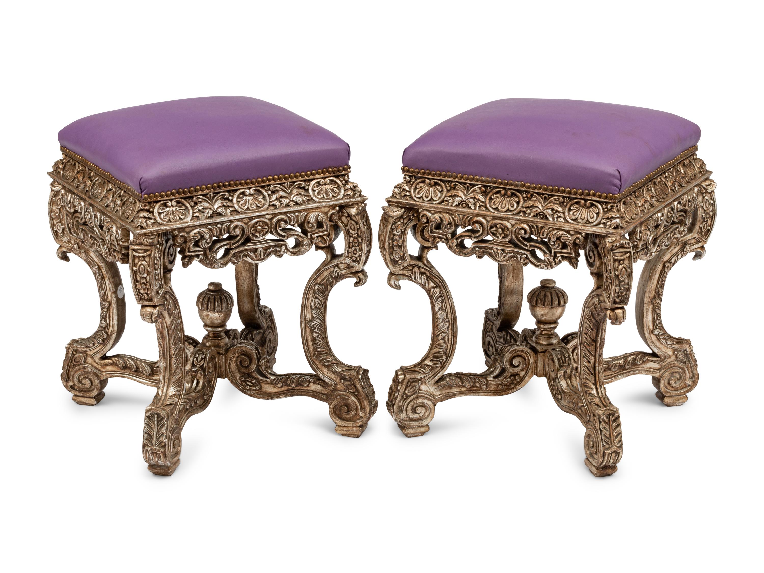 A Pair of Italian Style Silvered Wood Tabourets