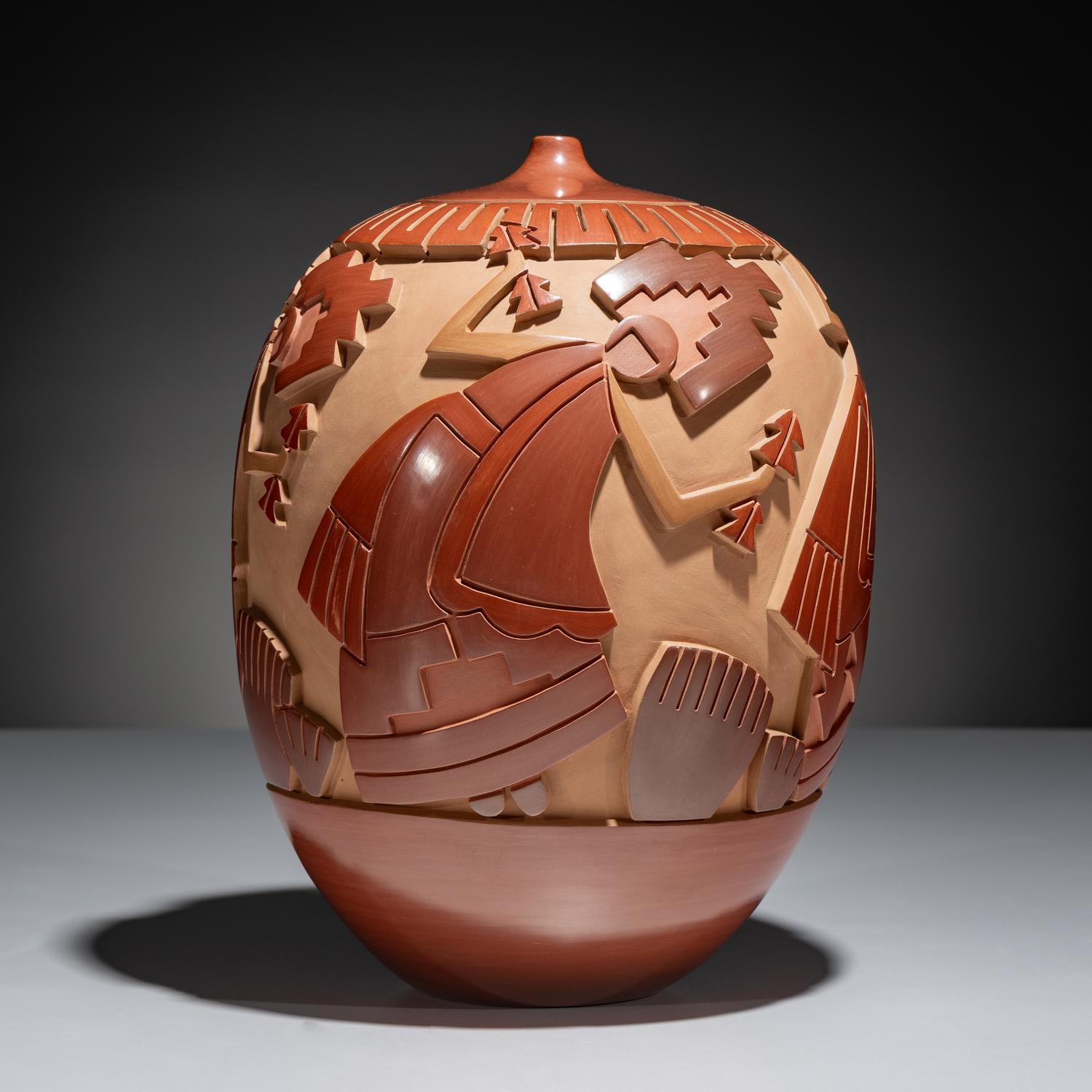 Carved Red and Tan Pottery Jar March 1998