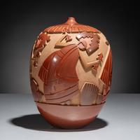 Carved Red and Tan Pottery Jar March 1998