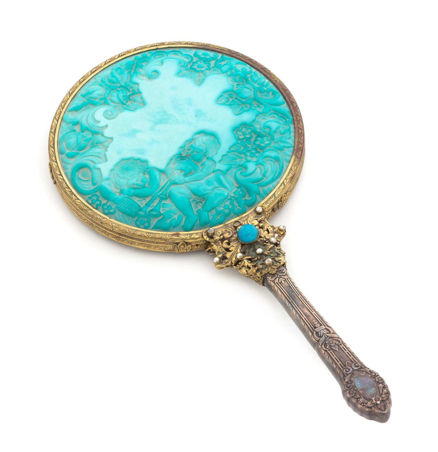 A Czech Glass Mounted Hand Mirror Length 12 3/4 inches.