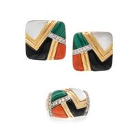 ASCH GROSSBARDT, MULTIGEM AND DIAMOND EARRINGS AND RING