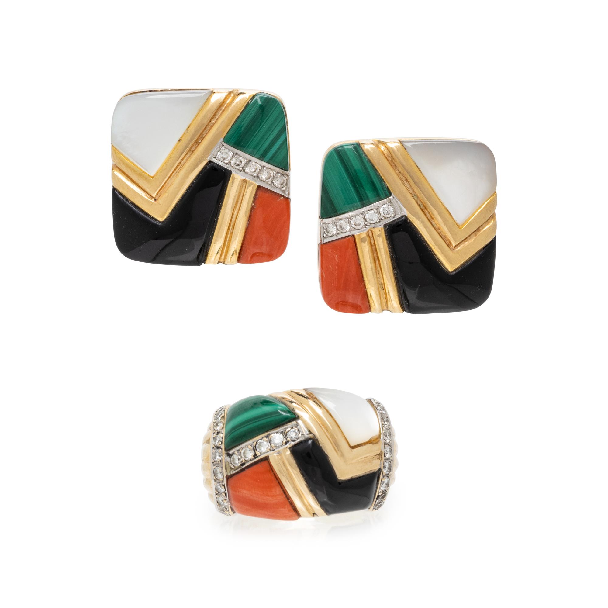 ASCH GROSSBARDT, MULTIGEM AND DIAMOND EARRINGS AND RING