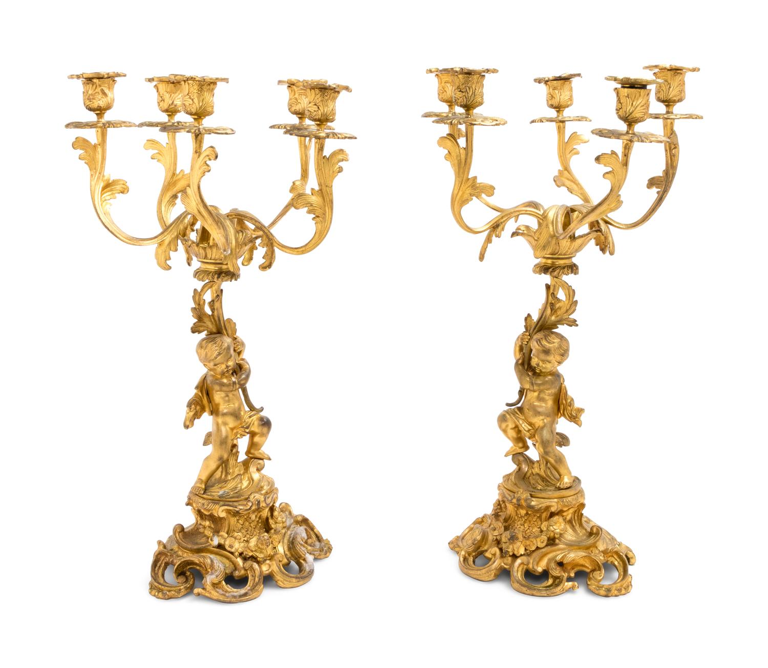 A Pair of Louis XV Style Gilt Bronze Five-Light Figural Candelabra