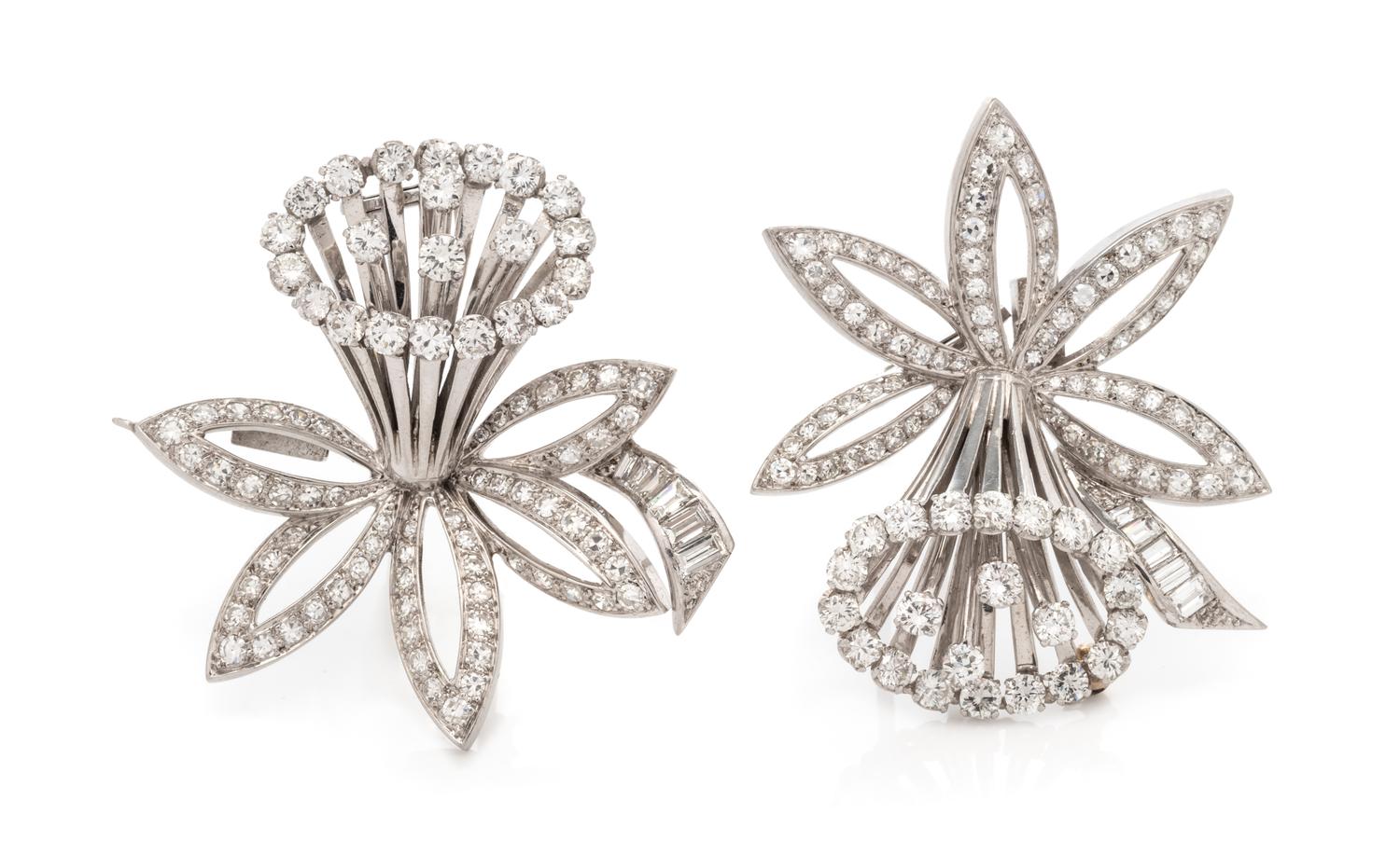 A Pair of Platinum and Diamond Daffodil Motif Clip/Brooches, French, 20.75 dwts.