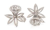 A Pair of Platinum and Diamond Daffodil Motif Clip/Brooches, French, 20.75 dwts.