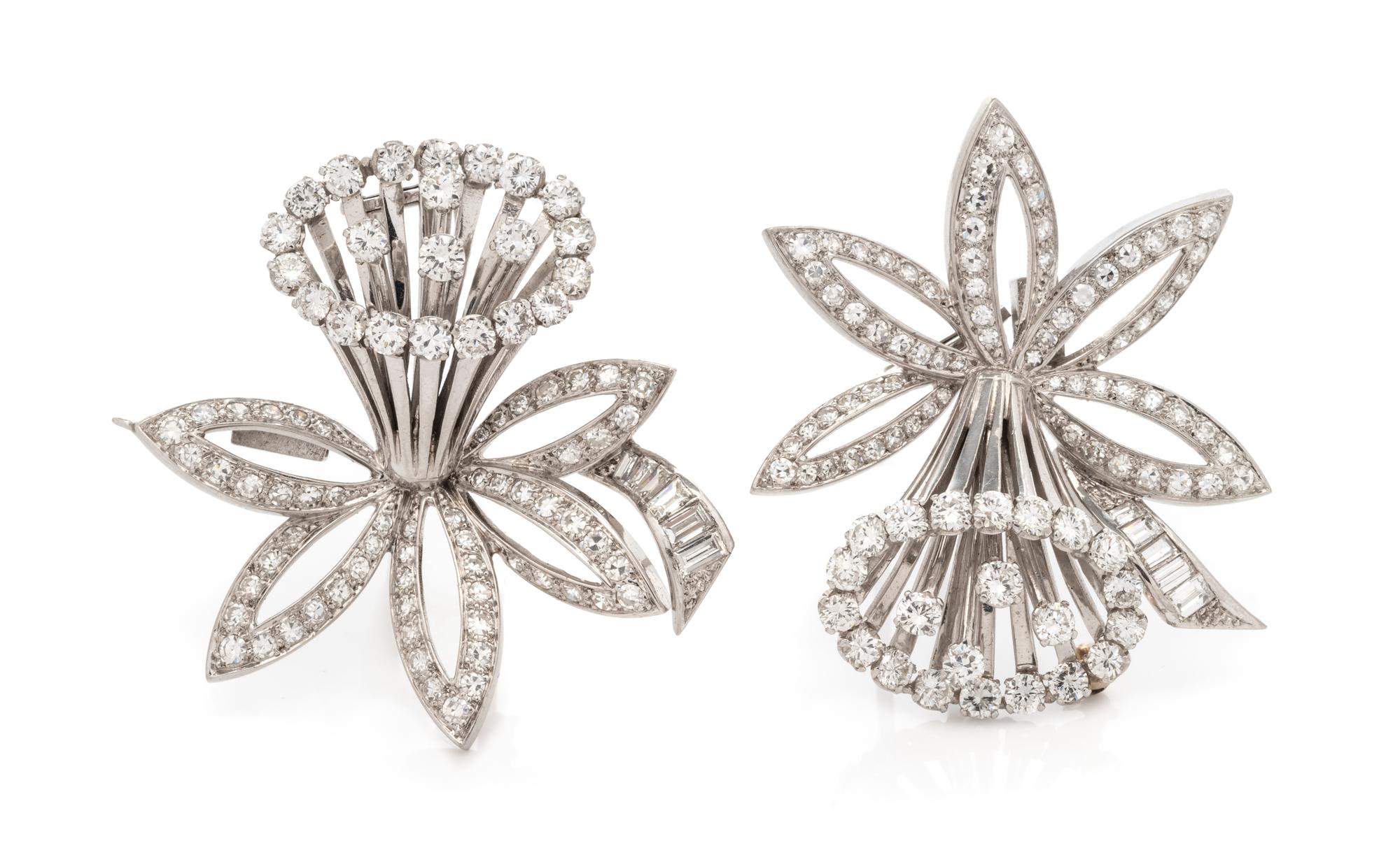 A Pair of Platinum and Diamond Daffodil Motif Clip/Brooches, French, 20.75 dwts.
