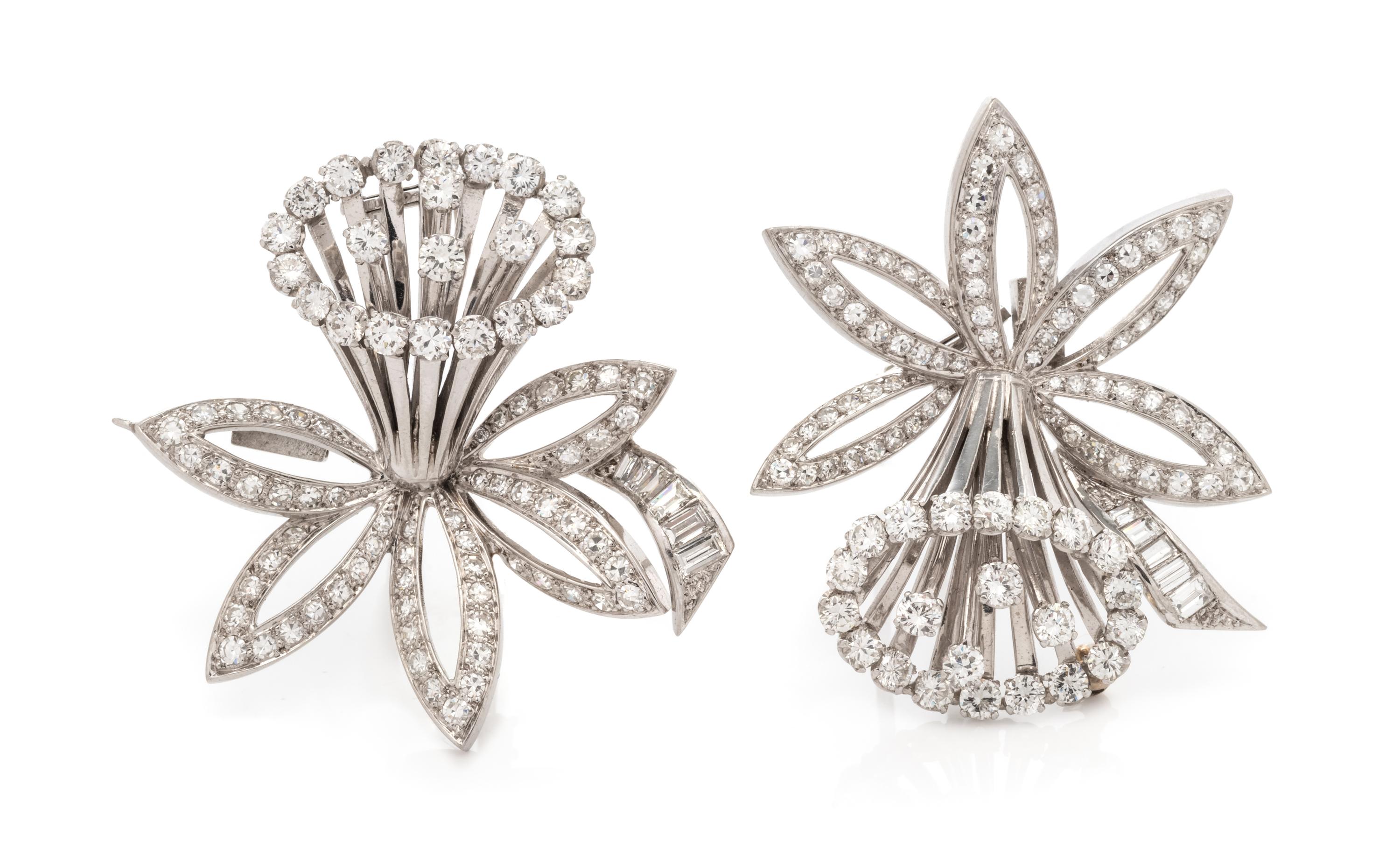 A Pair of Platinum and Diamond Daffodil Motif Clip/Brooches, French, 20.75 dwts.