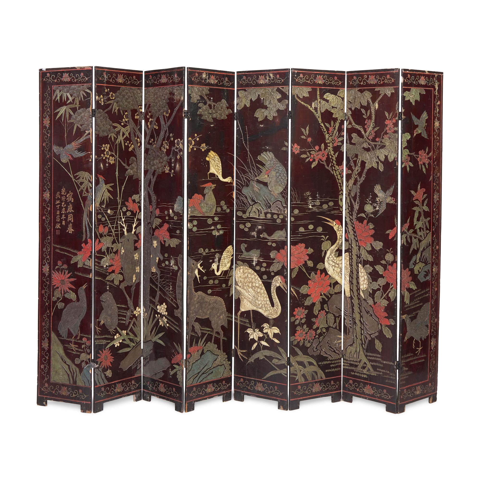A Chinese Eight-Panel Coromandel Screen, Qing Dynasty 清乾隆乙未（1775）款 款彩鹤鹿同春图八扇屏