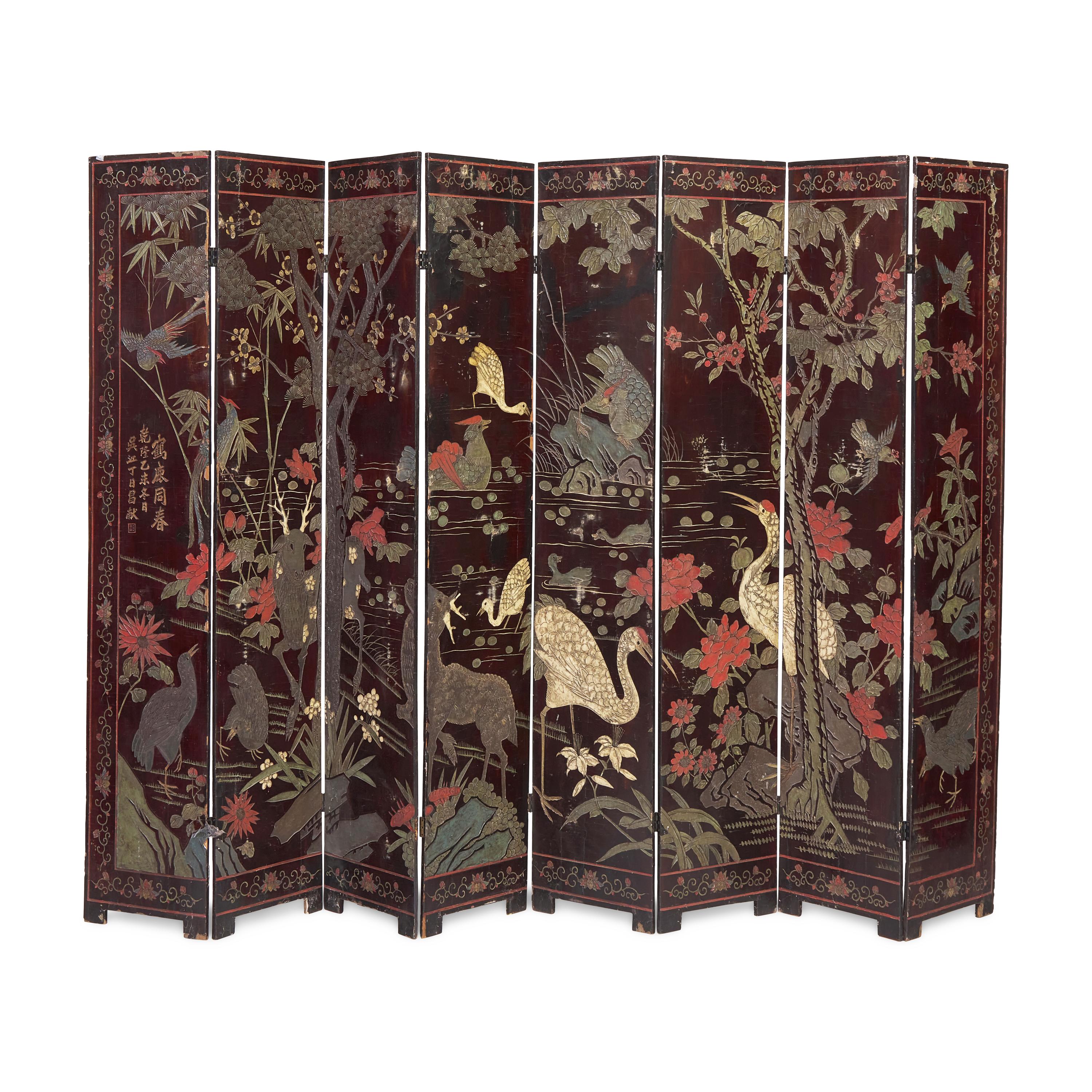 A Chinese Eight-Panel Coromandel Screen, Qing Dynasty 清乾隆乙未（1775）款 款彩鹤鹿同春图八扇屏