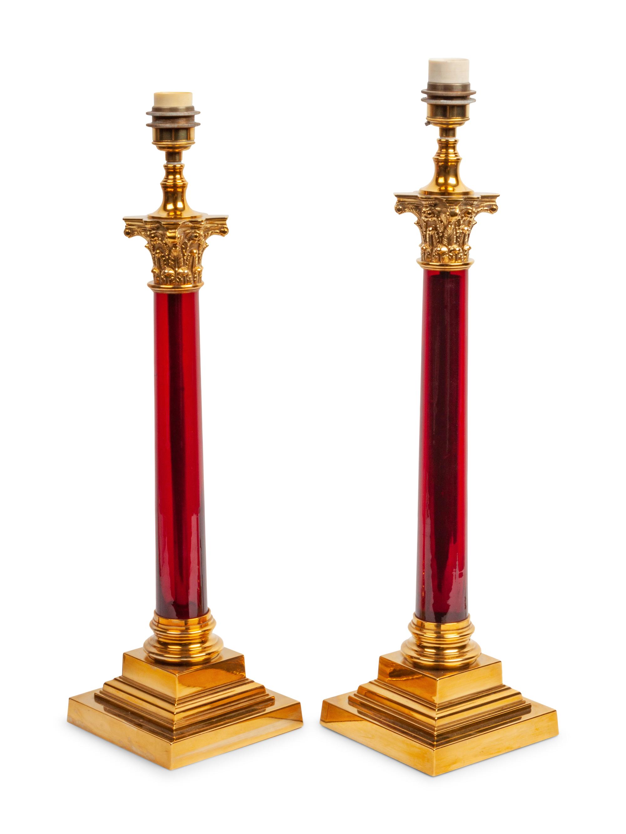 Two Pairs of Glass and Marble Empire Style Lamps