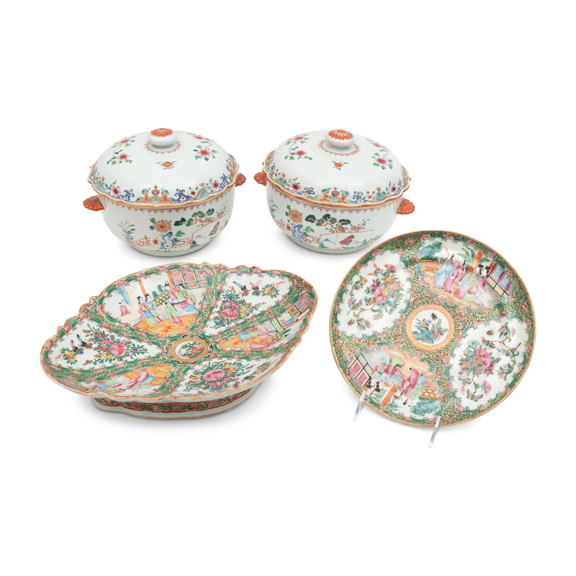 A Pair of Chinese Export Porcelain Tureens and Two Famille Rose Porcelain Platters