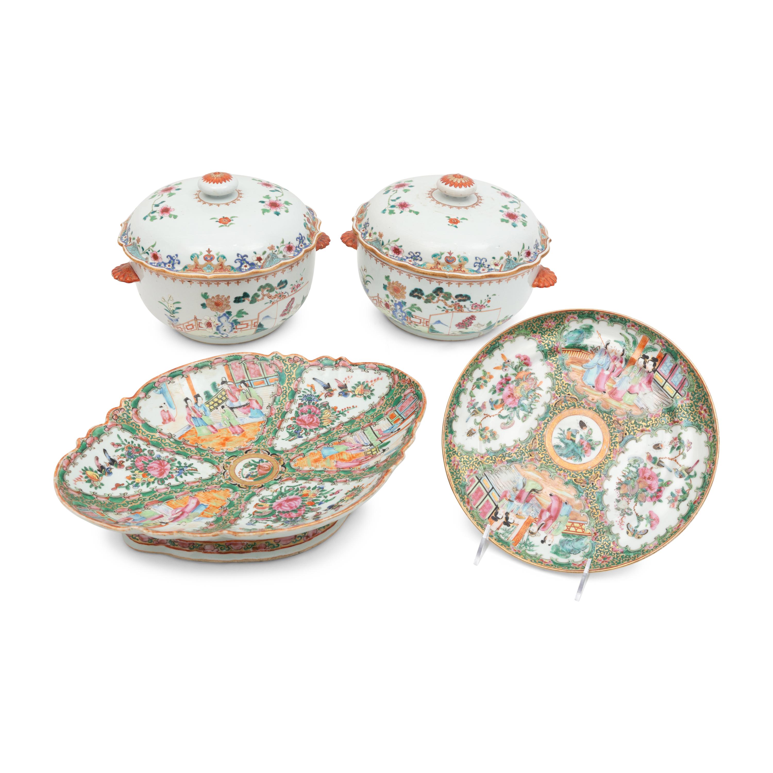 A Pair of Chinese Export Porcelain Tureens and Two Famille Rose Porcelain Platters